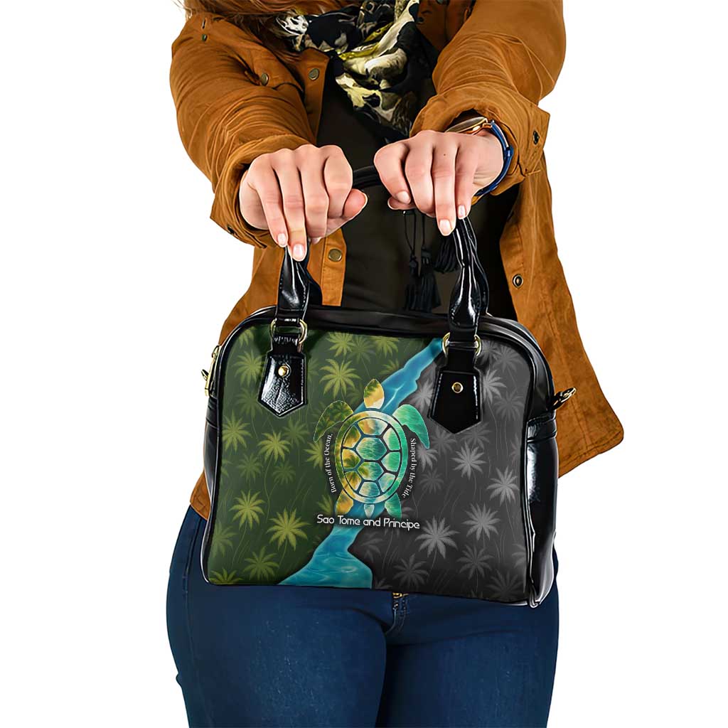 Sea Turtle Sao Tome and Principe Shoulder Handbag with Ocean Tide and Tropical Palm Design