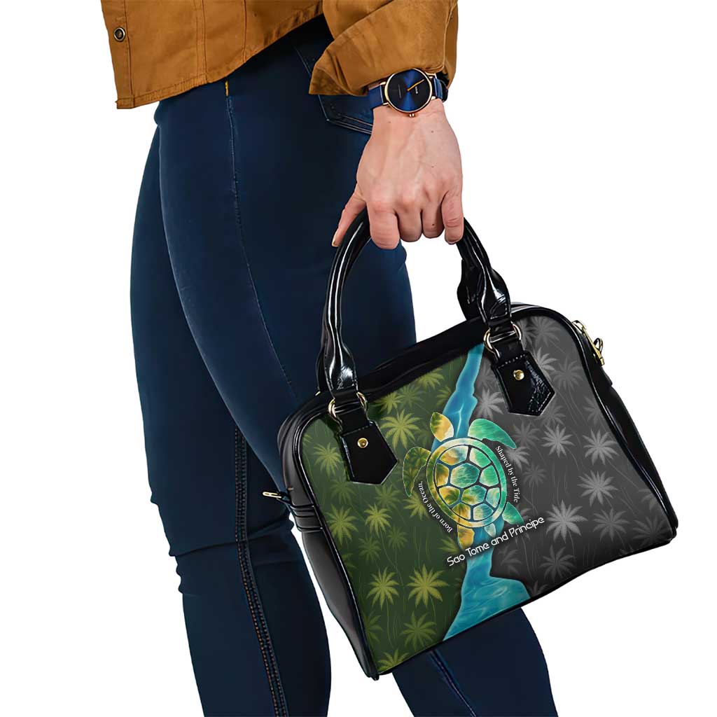Sea Turtle Sao Tome and Principe Shoulder Handbag with Ocean Tide and Tropical Palm Design