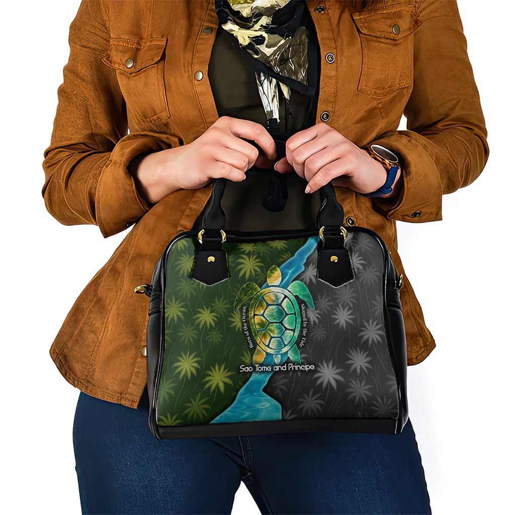 Sea Turtle Sao Tome and Principe Shoulder Handbag with Ocean Tide and Tropical Palm Design