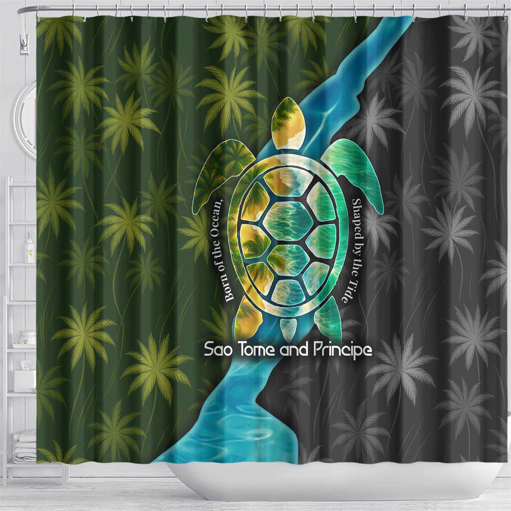 Sea Turtle Sao Tome and Principe Shower Curtain with Ocean Tide and Tropical Palm Design