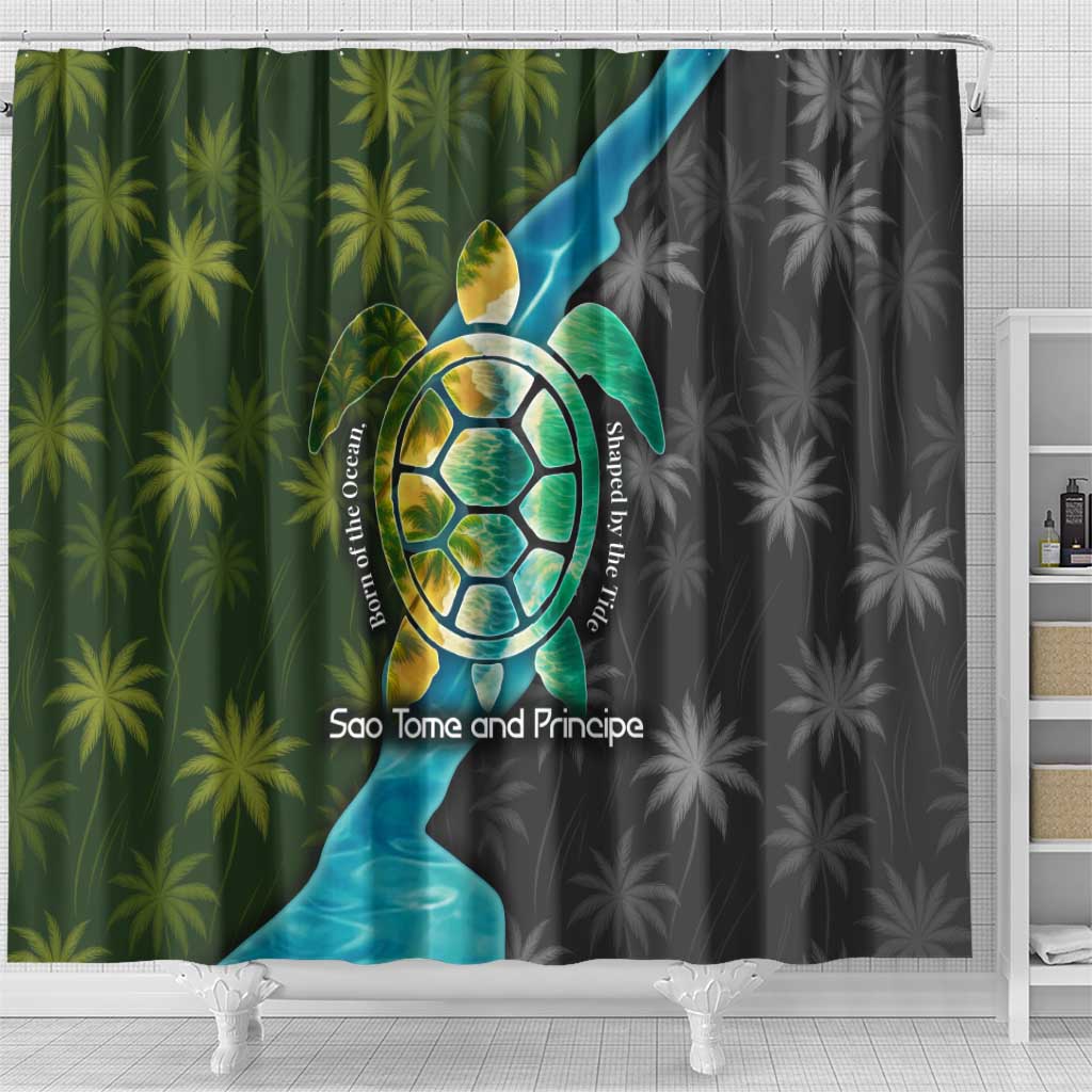 Sea Turtle Sao Tome and Principe Shower Curtain with Ocean Tide and Tropical Palm Design