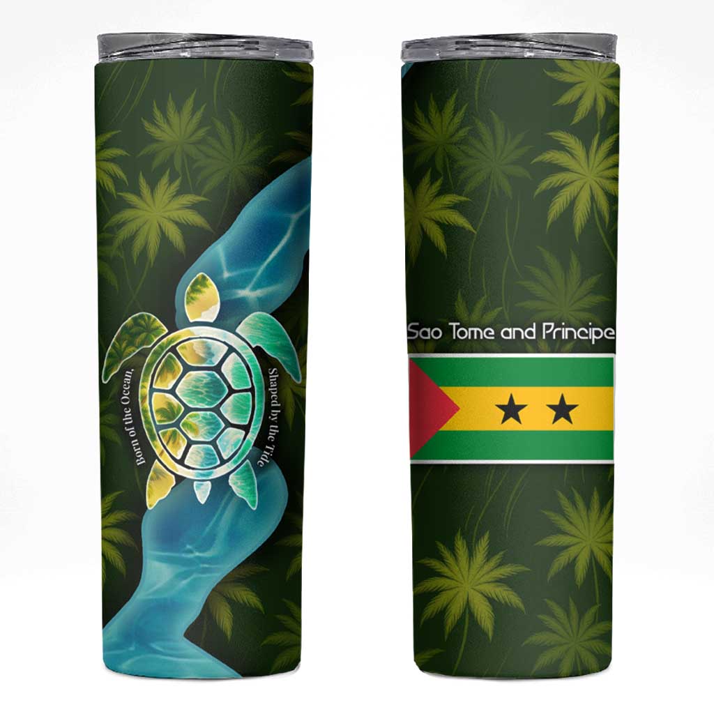 Sea Turtle Sao Tome and Principe Skinny Tumbler with Ocean Tide and Tropical Palm Design