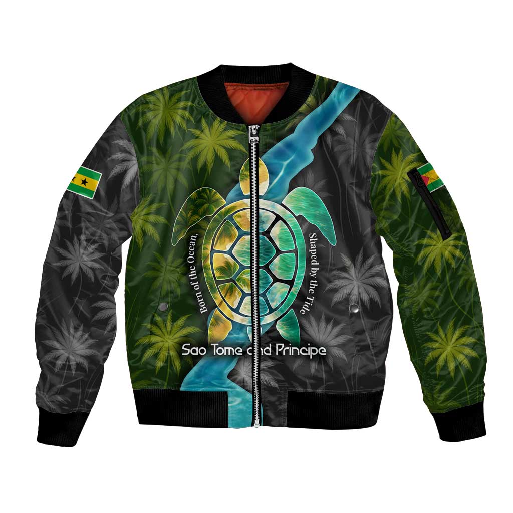 Sea Turtle Sao Tome and Principe Sleeve Zip Bomber Jacket with Ocean Tide and Tropical Palm Design