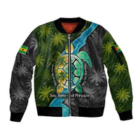 Sea Turtle Sao Tome and Principe Sleeve Zip Bomber Jacket with Ocean Tide and Tropical Palm Design