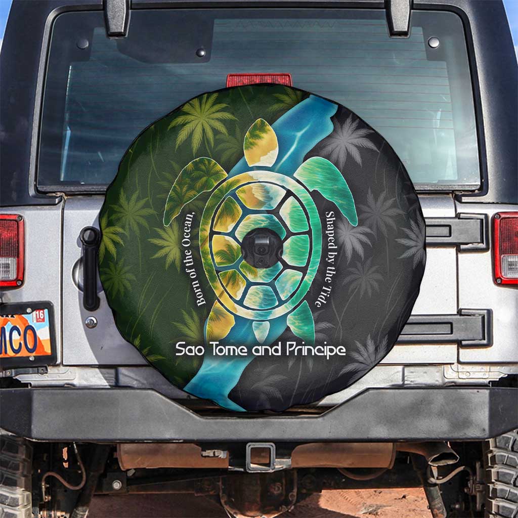 Sea Turtle Sao Tome and Principe Spare Tire Cover with Ocean Tide and Tropical Palm Design