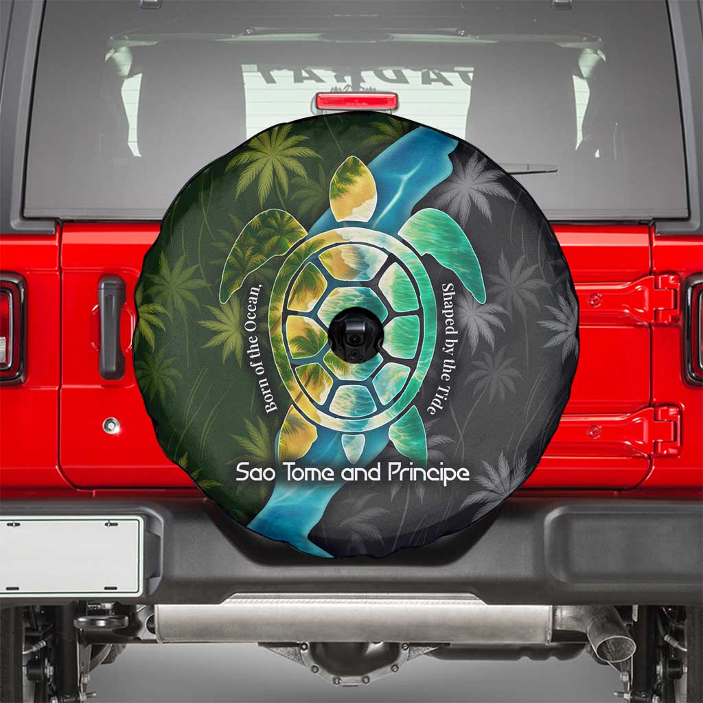Sea Turtle Sao Tome and Principe Spare Tire Cover with Ocean Tide and Tropical Palm Design