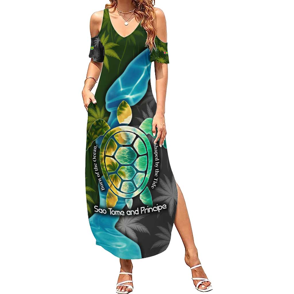 Sea Turtle Sao Tome and Principe Summer Maxi Dress with Ocean Tide and Tropical Palm Design