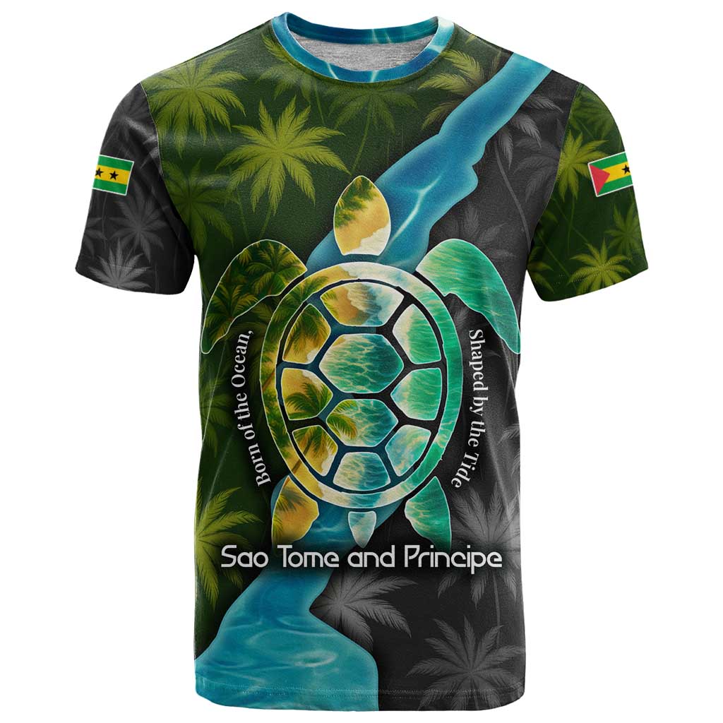 Sea Turtle Sao Tome and Principe T Shirt with Ocean Tide and Tropical Palm Design