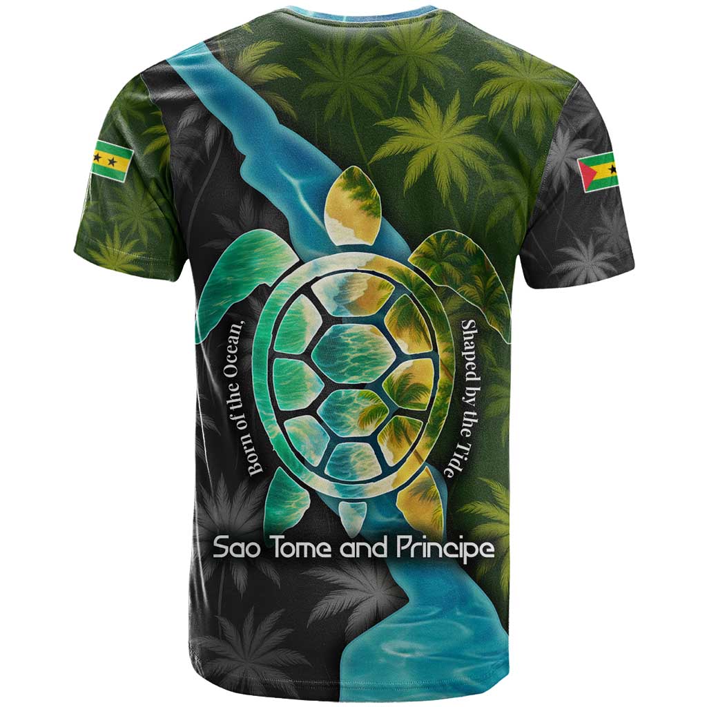 Sea Turtle Sao Tome and Principe T Shirt with Ocean Tide and Tropical Palm Design