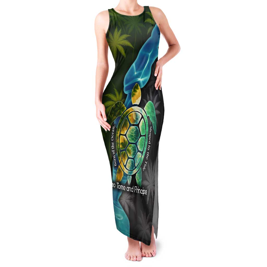 Sea Turtle Sao Tome and Principe Tank Maxi Dress with Ocean Tide and Tropical Palm Design