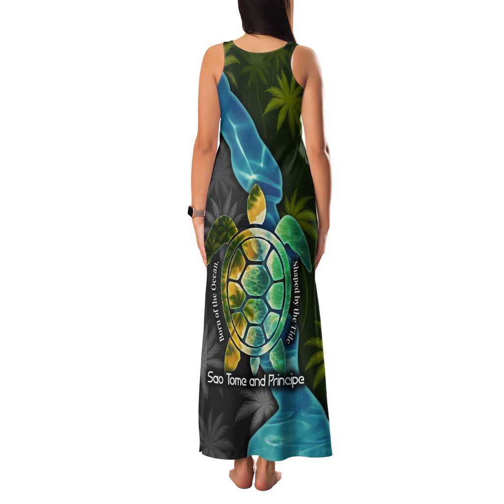 Sea Turtle Sao Tome and Principe Tank Maxi Dress with Ocean Tide and Tropical Palm Design
