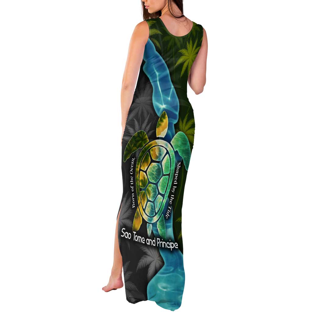 Sea Turtle Sao Tome and Principe Tank Maxi Dress with Ocean Tide and Tropical Palm Design