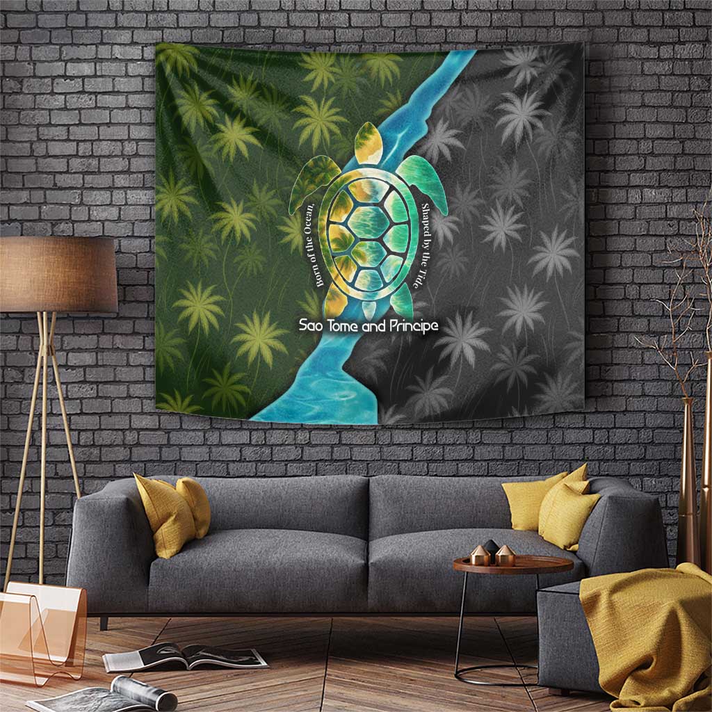 Sea Turtle Sao Tome and Principe Tapestry with Ocean Tide and Tropical Palm Design