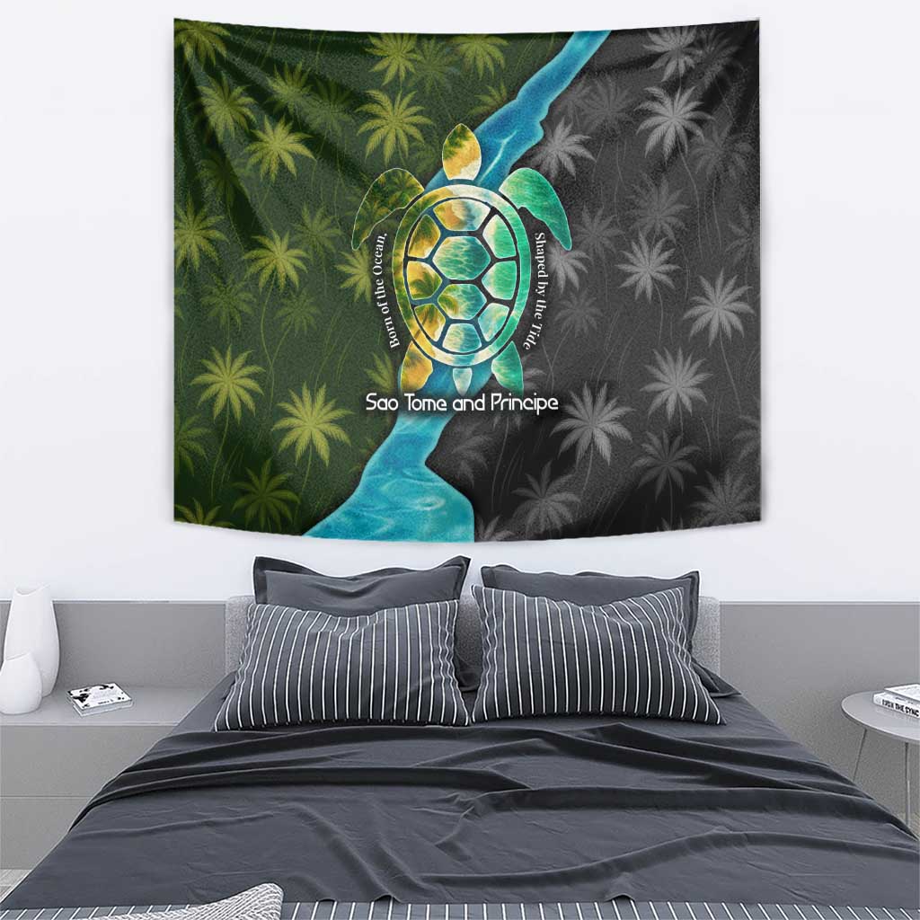 Sea Turtle Sao Tome and Principe Tapestry with Ocean Tide and Tropical Palm Design