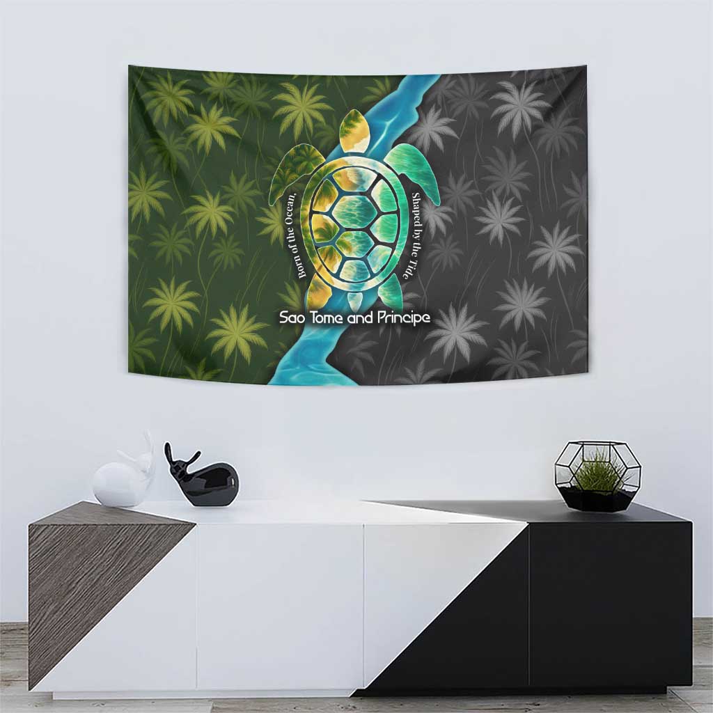 Sea Turtle Sao Tome and Principe Tapestry with Ocean Tide and Tropical Palm Design