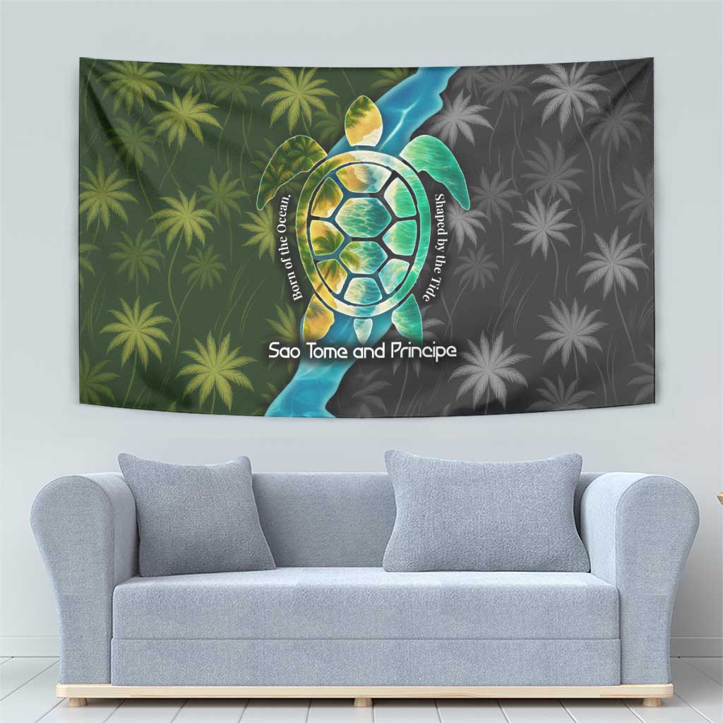 Sea Turtle Sao Tome and Principe Tapestry with Ocean Tide and Tropical Palm Design