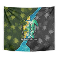Sea Turtle Sao Tome and Principe Tapestry with Ocean Tide and Tropical Palm Design