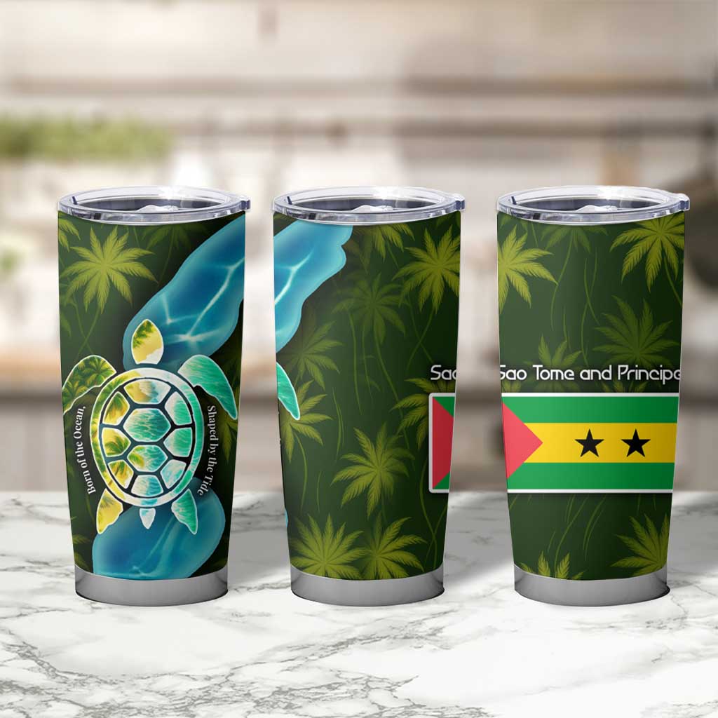 Sea Turtle Sao Tome and Principe Tumbler Cup with Ocean Tide and Tropical Palm Design