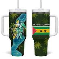 Sea Turtle Sao Tome and Principe Tumbler With Handle with Ocean Tide and Tropical Palm Design