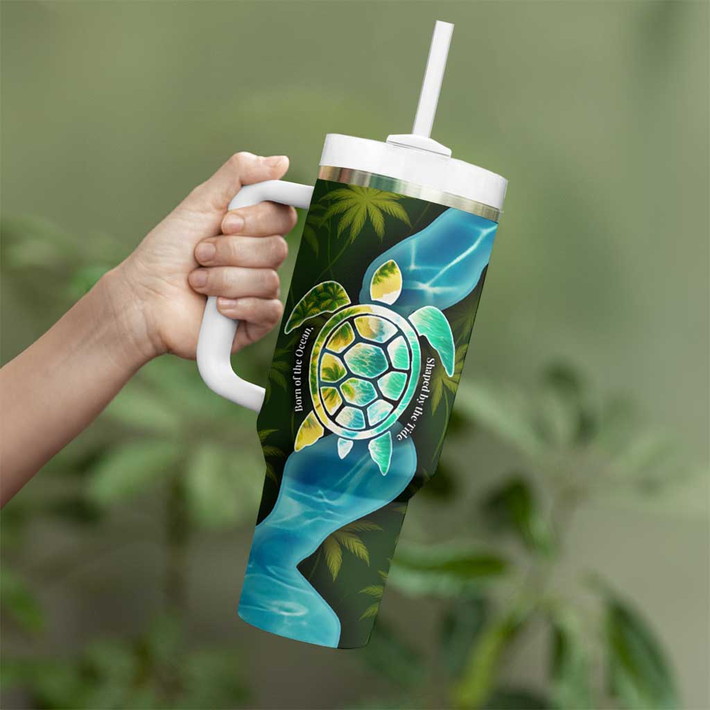 Sea Turtle Sao Tome and Principe Tumbler With Handle with Ocean Tide and Tropical Palm Design