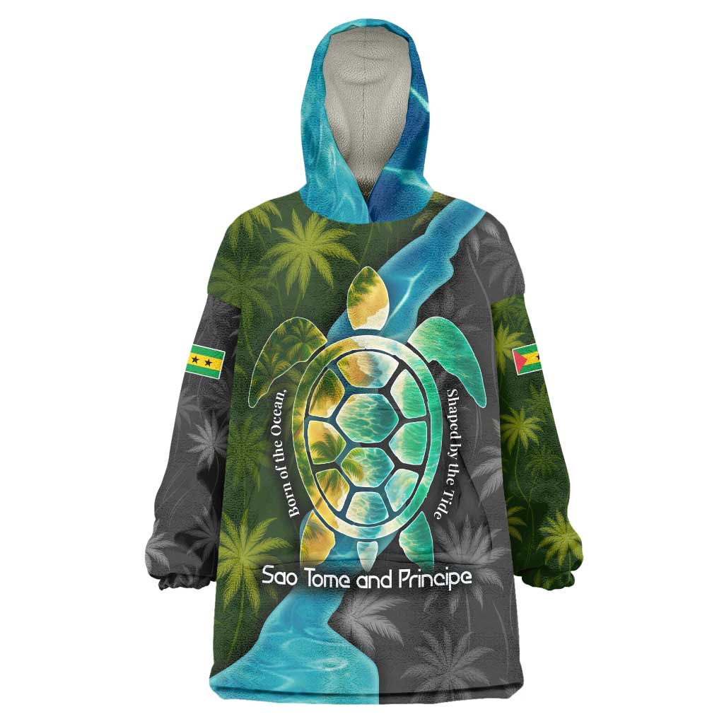 Sea Turtle Sao Tome and Principe Wearable Blanket Hoodie with Ocean Tide and Tropical Palm Design