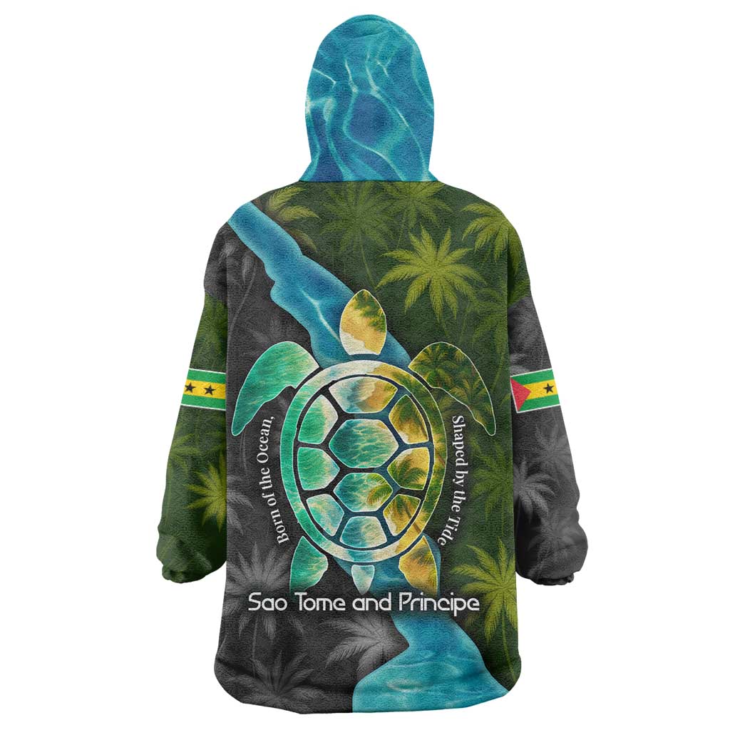 Sea Turtle Sao Tome and Principe Wearable Blanket Hoodie with Ocean Tide and Tropical Palm Design