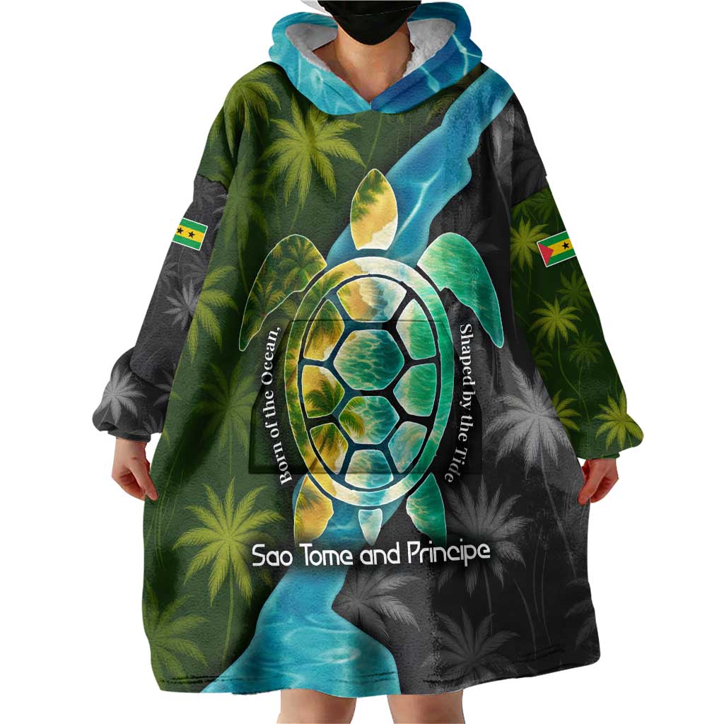 Sea Turtle Sao Tome and Principe Wearable Blanket Hoodie with Ocean Tide and Tropical Palm Design