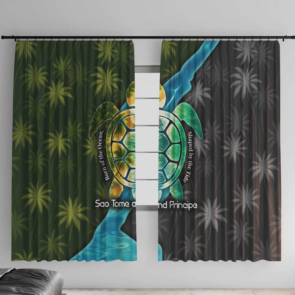 Sea Turtle Sao Tome and Principe Window Curtain with Ocean Tide and Tropical Palm Design