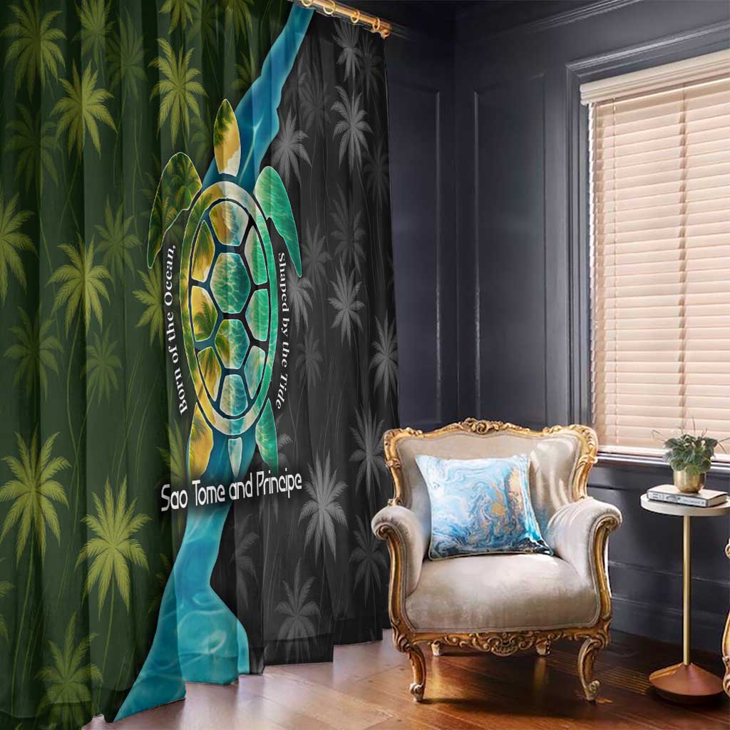 Sea Turtle Sao Tome and Principe Window Curtain with Ocean Tide and Tropical Palm Design