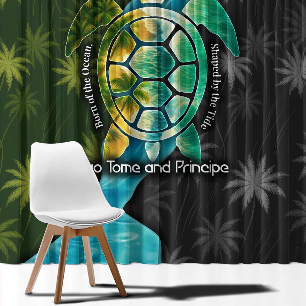 Sea Turtle Sao Tome and Principe Window Curtain with Ocean Tide and Tropical Palm Design