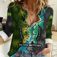 Sea Turtle Sao Tome and Principe Women Casual Shirt with Ocean Tide and Tropical Palm Design