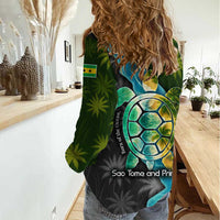 Sea Turtle Sao Tome and Principe Women Casual Shirt with Ocean Tide and Tropical Palm Design
