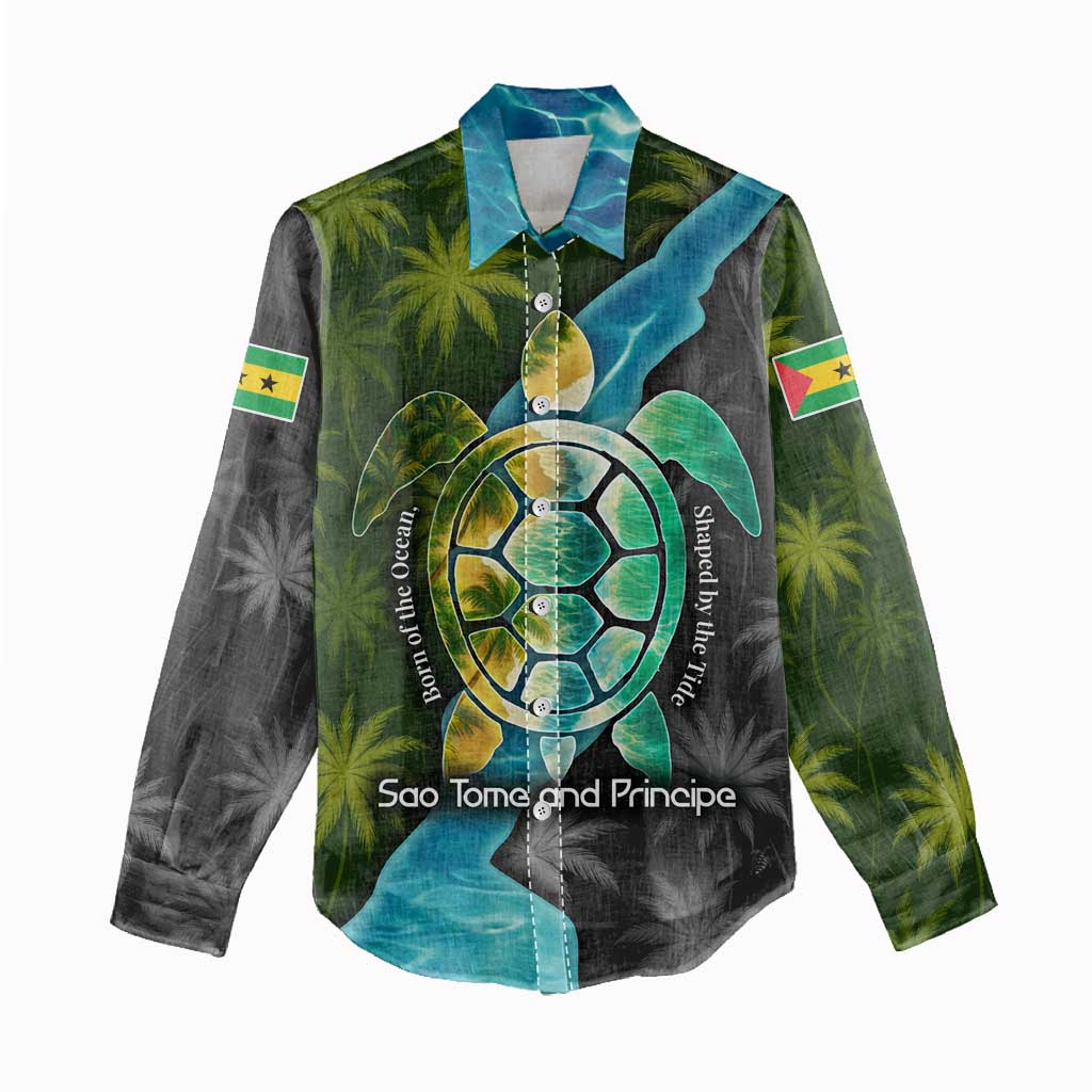 Sea Turtle Sao Tome and Principe Women Casual Shirt with Ocean Tide and Tropical Palm Design