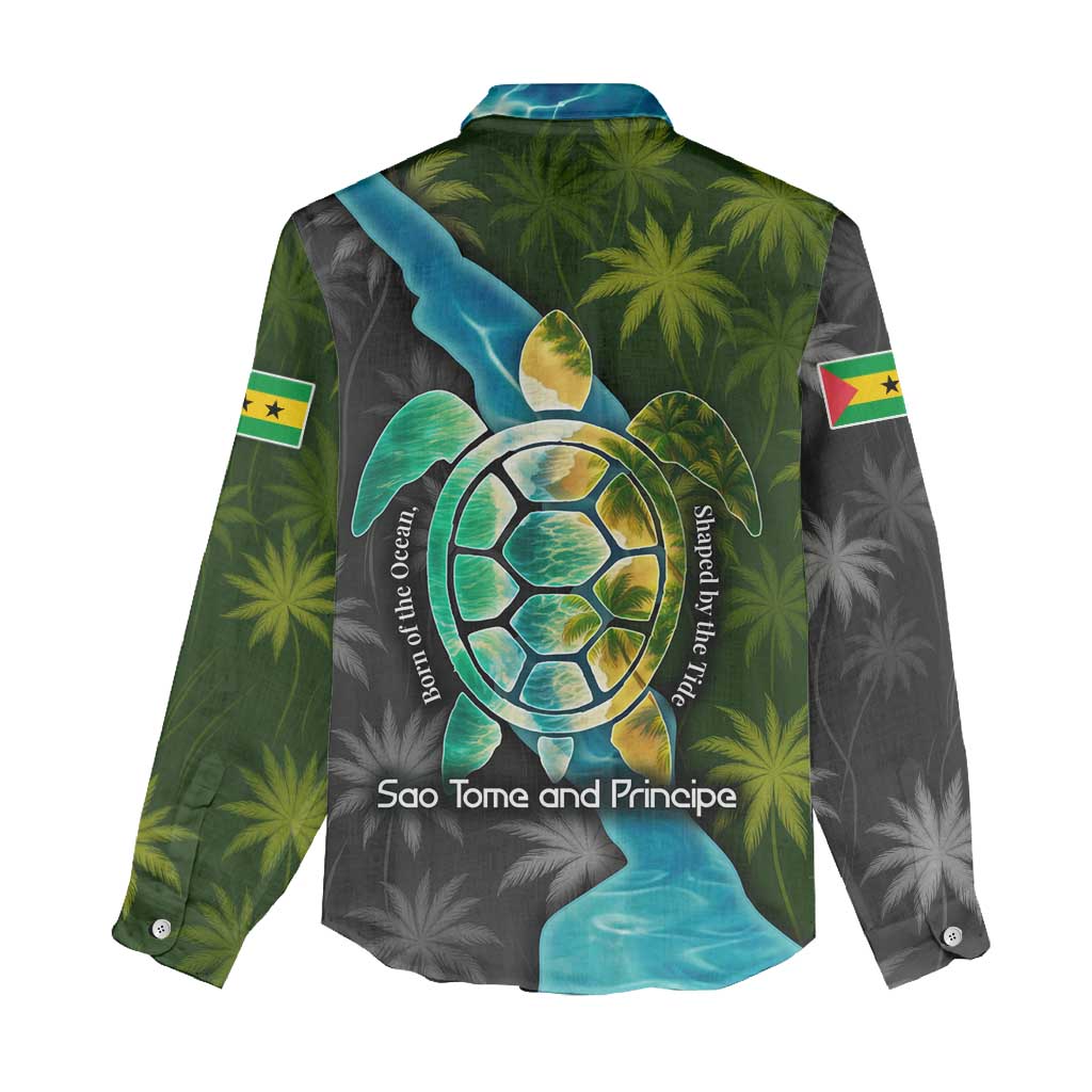 Sea Turtle Sao Tome and Principe Women Casual Shirt with Ocean Tide and Tropical Palm Design