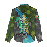 Sea Turtle Sao Tome and Principe Women Casual Shirt with Ocean Tide and Tropical Palm Design