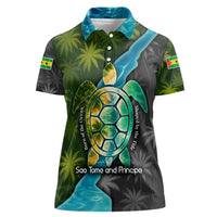 Sea Turtle Sao Tome and Principe Women Polo Shirt with Ocean Tide and Tropical Palm Design