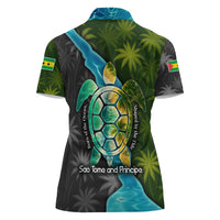 Sea Turtle Sao Tome and Principe Women Polo Shirt with Ocean Tide and Tropical Palm Design