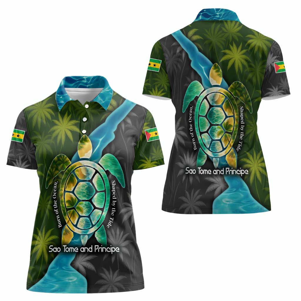 Sea Turtle Sao Tome and Principe Women Polo Shirt with Ocean Tide and Tropical Palm Design