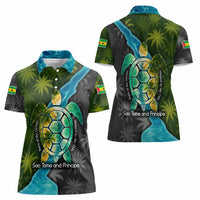 Sea Turtle Sao Tome and Principe Women Polo Shirt with Ocean Tide and Tropical Palm Design