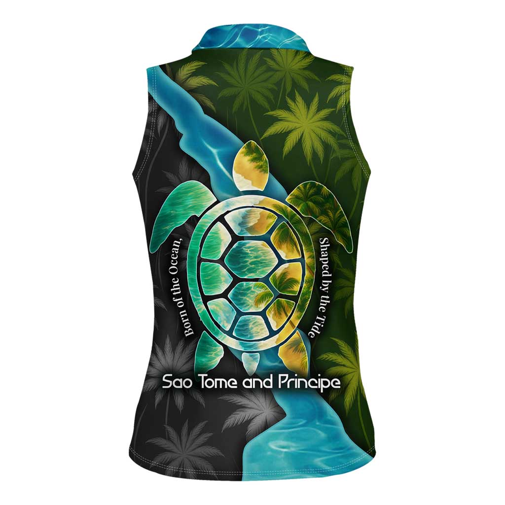 Sea Turtle Sao Tome and Principe Women Sleeveless Polo Shirt with Ocean Tide and Tropical Palm Design