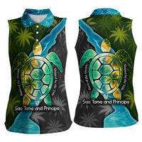 Sea Turtle Sao Tome and Principe Women Sleeveless Polo Shirt with Ocean Tide and Tropical Palm Design