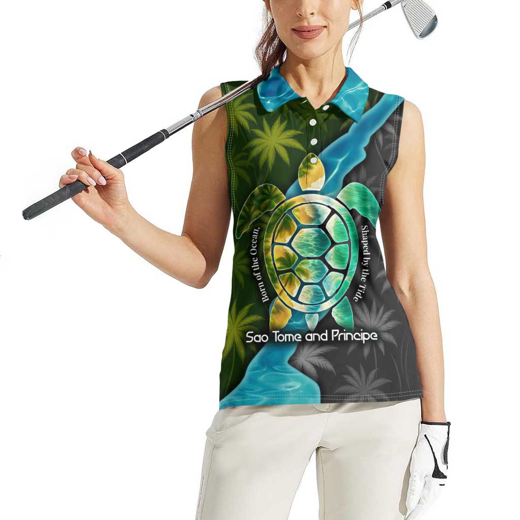 Sea Turtle Sao Tome and Principe Women Sleeveless Polo Shirt with Ocean Tide and Tropical Palm Design