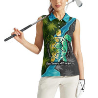 Sea Turtle Sao Tome and Principe Women Sleeveless Polo Shirt with Ocean Tide and Tropical Palm Design