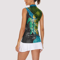 Sea Turtle Sao Tome and Principe Women Sleeveless Polo Shirt with Ocean Tide and Tropical Palm Design