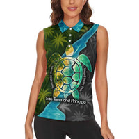 Sea Turtle Sao Tome and Principe Women Sleeveless Polo Shirt with Ocean Tide and Tropical Palm Design
