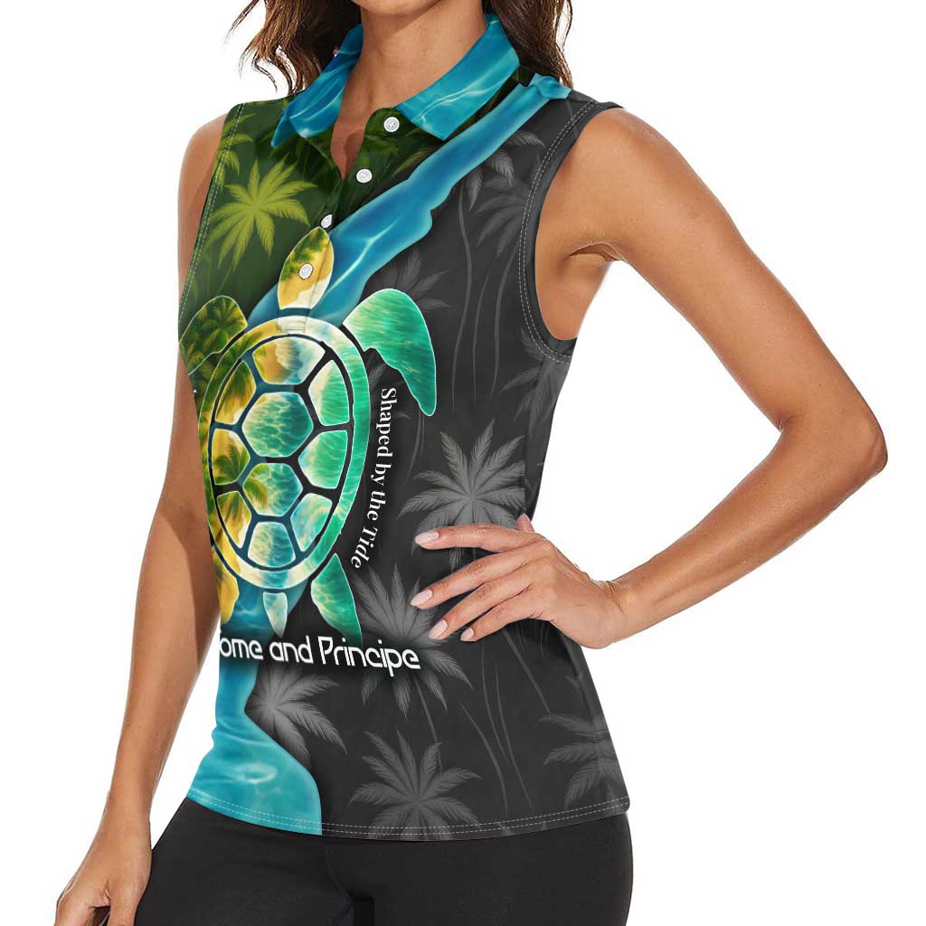 Sea Turtle Sao Tome and Principe Women Sleeveless Polo Shirt with Ocean Tide and Tropical Palm Design