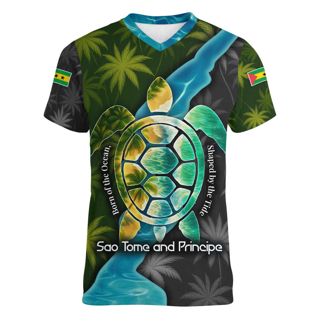 Sea Turtle Sao Tome and Principe Women V-Neck T-Shirt with Ocean Tide and Tropical Palm Design