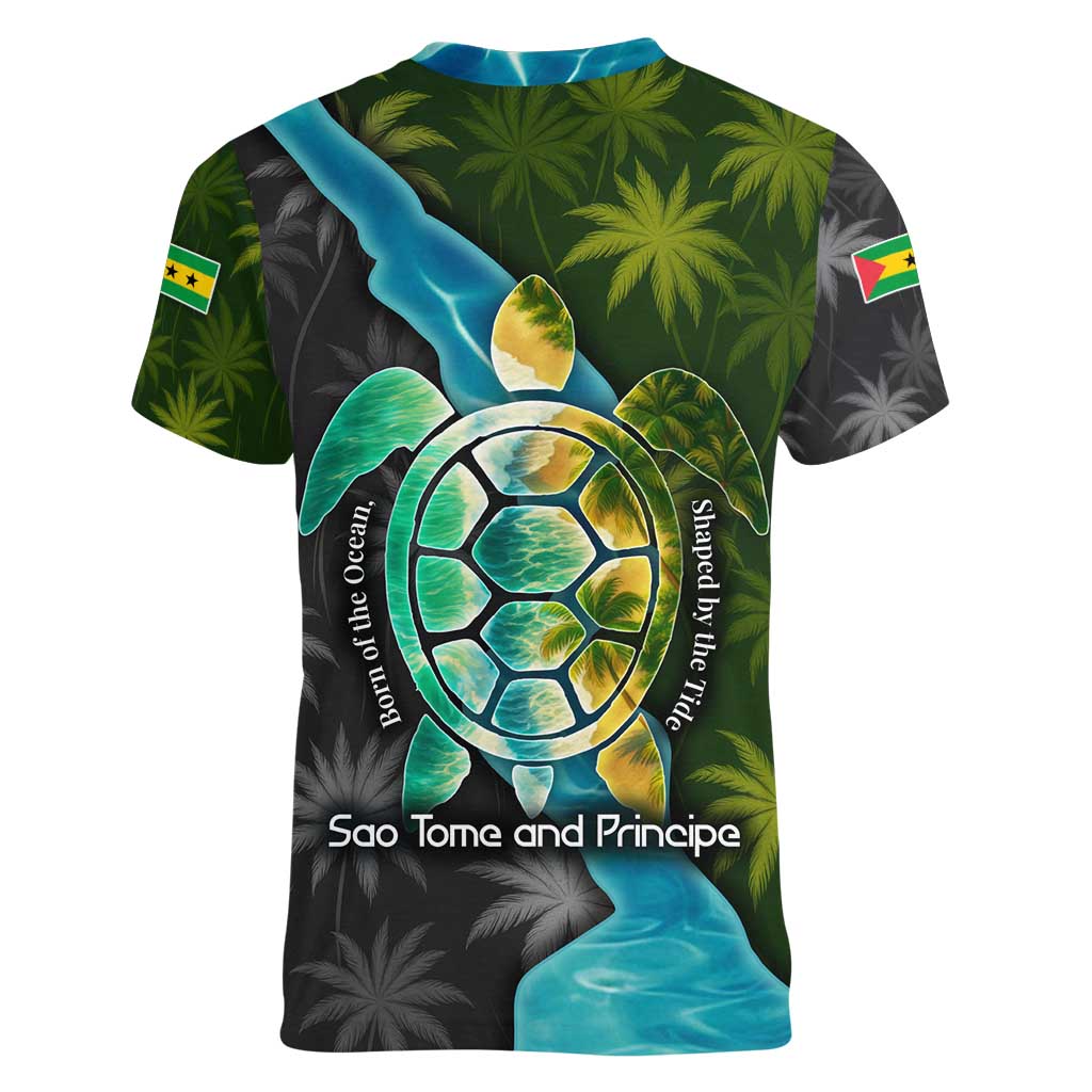 Sea Turtle Sao Tome and Principe Women V-Neck T-Shirt with Ocean Tide and Tropical Palm Design