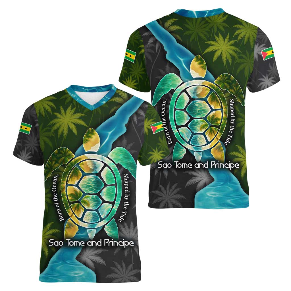 Sea Turtle Sao Tome and Principe Women V-Neck T-Shirt with Ocean Tide and Tropical Palm Design
