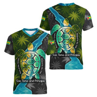 Sea Turtle Sao Tome and Principe Women V-Neck T-Shirt with Ocean Tide and Tropical Palm Design